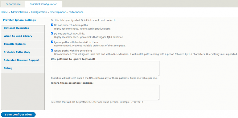 Quicklinks - Prefetch Ignore Settings